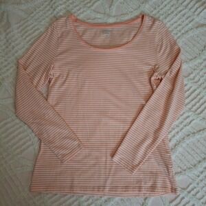 Lands' End Womens Small 6-8 Top Peach White Striped Scoop Neck Long Sleeve